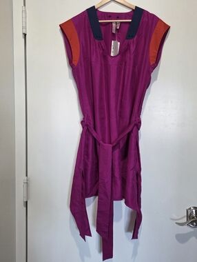Kerrigan Silk Mini Dress with Tie Hem, Colorblock/Magenta, Size L, NWT